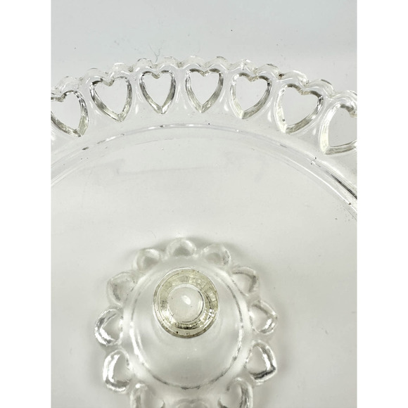 Vintage Clear Glass Footed Cake Pedestal Open Lace Heart Shaped Cut Outs - Picture 7 of 9